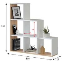 Meimon Estantería STEP 110x108x28 cm en tablero de partículas melaminizado TIPO E1, cantos PVC y melamínicos, color Blanco Ark y Roble Canadian, 6 huecos, tacos ABS antirayaduras, uso decorativo o como separador de ambientes, soporta hasta 20 kg. - details 1