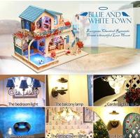 Kit de casa de muñecas en miniatura 3D con LED y música, kit de rompecabezas de madera para bricolaje, casa de muñecas con muebles modelo en miniatura (ciudad azul y blanca) - details 2