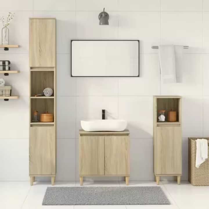 vidaXL Set de muebles de baño 3 pzas madera contrachapada en color Gris sonoma/Gris hormigón/Roble Sonoma y más | almacenamiento funcional diseño moderno para baño dormitorio sala - 1