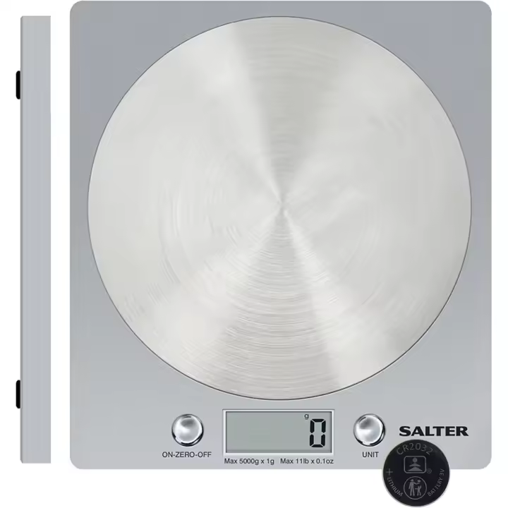 Báscula electrónica de disco - Pesaje digital, ideal para el hogar y la cocina, plataforma de acero inoxidable hilado, mide líquidos y fluidos, capacidad de 5 kg, color plateado - 1