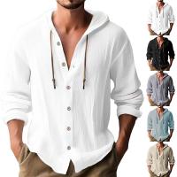Camisa Casual Para Hombre De Color Sólido Con Capucha Y Cuerda Ajustable De Algodón Y Lino Estilo High Street Top Versátil Para El Día - details 0