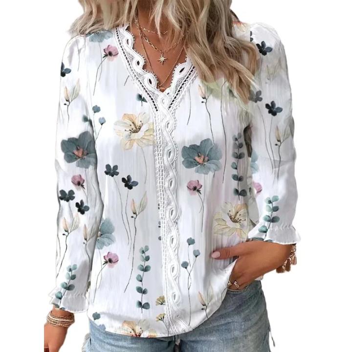 Blusa De Moda Para Mujer Tallas Grandes 1XL-5XL Camisa Larga Manga Con Boquilla Floral Impresión Cuello V Casual Blusa De Polyester