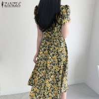 ZANZEA Vestido Midi Elegante Para Mujer Con Cintura Ajustada Estampado Floral Moda Coreana Manga Corta A-line Casual Fiesta - details 13