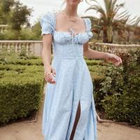 Vestido Floral Para Mujer Estilo Chic Verano Manga Batulada Cuello Cuadrado Frontal Con Cordón Abertura Alta Vestido Slim A-Line Midi Polyester - details 9