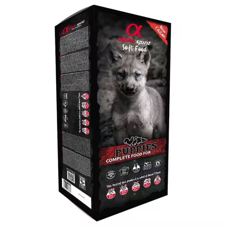 Alpha Spirit Complete Puppies  9 kg :45x200gr  Comida semihúmeda hipoalergénica para cachorros, sin cereales ni gluten y con gran sabor. Preparada con abundante carne y pescado frescos mediante cuidadoso proceso de elaboración. Sin aromas químicos - 1