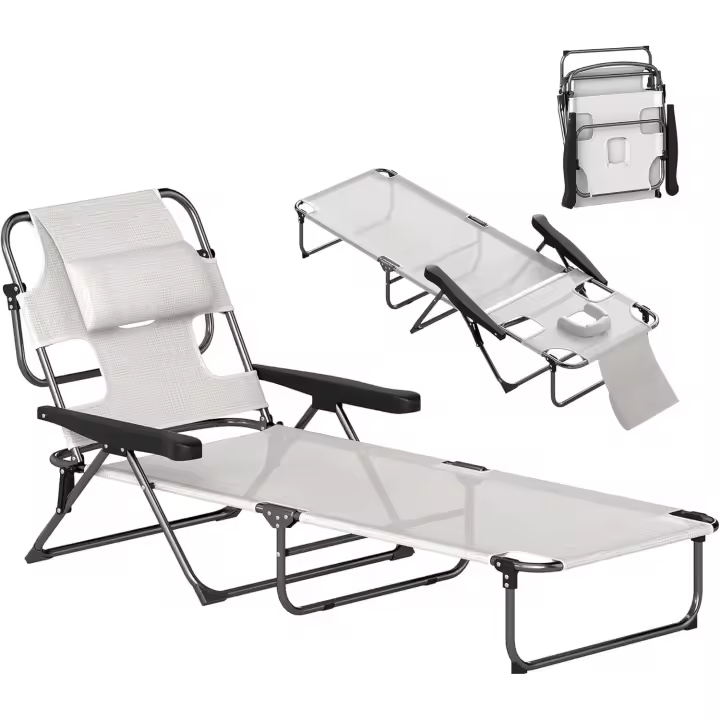 Tumbona Plegable Tumbona de Jardín con Respaldo Ajustable en 4 Niveles Orificio de Lectura y Reposacabezas para Terraza Piscina 194x72x31 cm Crema - 1