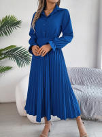 Vestido Largo De Primavera Verano Para Mujer Estilo Casual Color Sólido Cuello Polo Botones Mangas Flares Pliegues Centenares Vestido A-Line - details 13