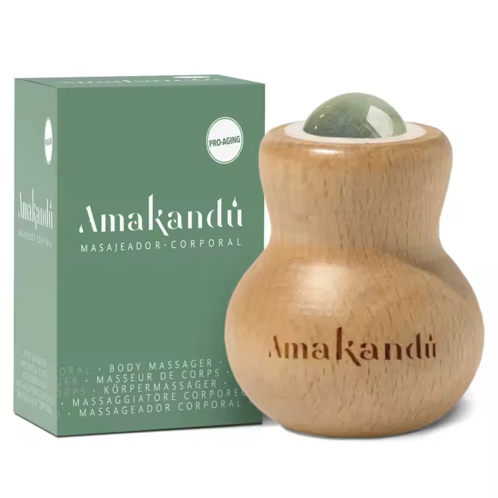 Masajeador facial y corporal relajante muscular -Amakandu- Roll On de madera de haya y bola de aventurina- Efecto Relax - Calma y relaja la piel activando mejorando la circulación sanguínea - 1