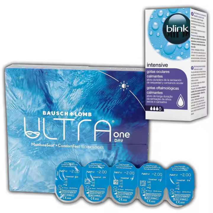 ULTRA ONE DAY Lentes de Contacto Diarias – 90 Unidades + Blink Intensive Tears Gotas Oculares 10 ml | Advanced MoistureSeal | Tecnología ConfortFeel | Confort e Hidratación Avanzada | Alivio Instantáneo | Con OcuPure | Uso con Todo Tipo de Lentillas - 1