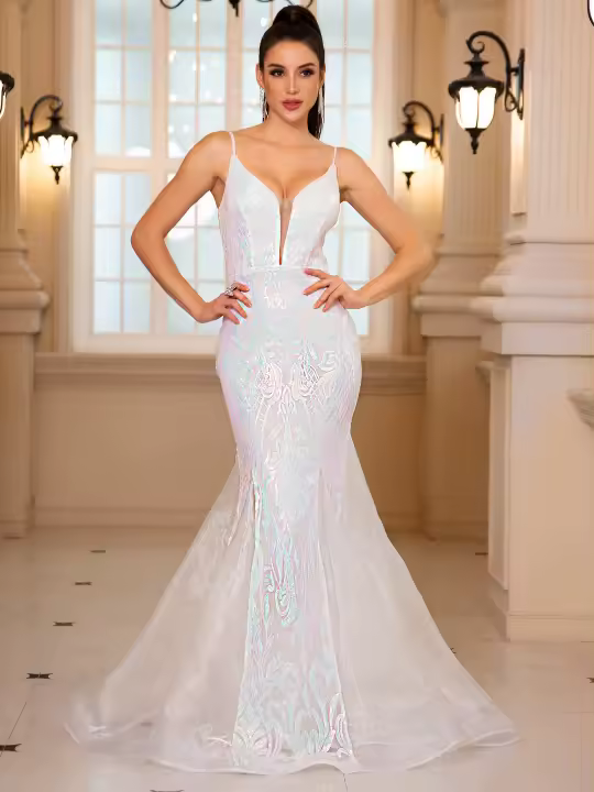 Vestido De Noche De Encaje Organza Blanco Con Vuelta Y Sin Mangas Para Bodas Y Fiestas De Compromiso Vestido De Mujer De Corte Mermaid De Largo Floor - 1