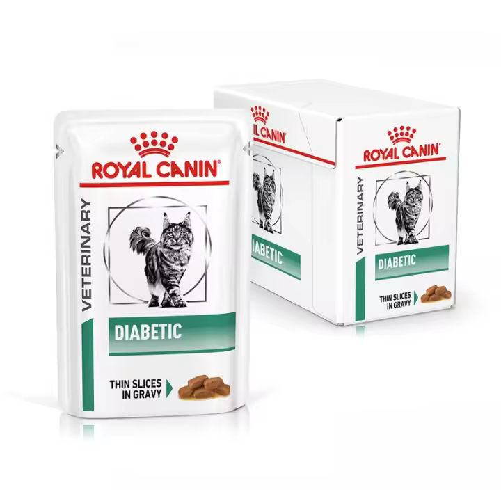 12 X 85g - Royal Canin Veterinary Diabetic  Alimento completo dietético para gatos  Para regular el aporte de glucosa  Con trocitos finos en salsa  Alto contenido en proteínas - 1
