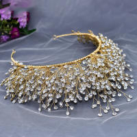 Diadema De Boda Con Perlas Y Cristales Para Mujer Joyería De Cabello Tiara Dorada Accesorios De Cabello Flor Headdress Ornamento - details 9