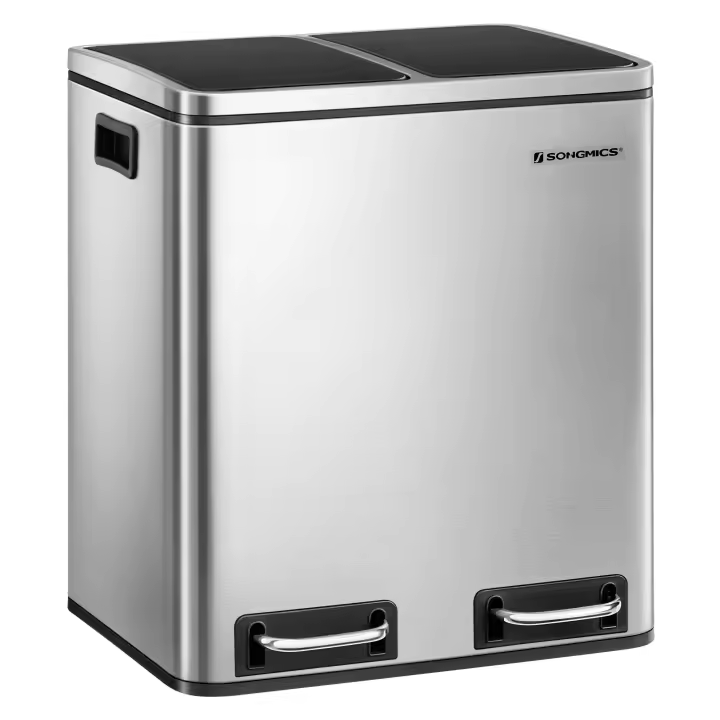 SONGMICS Cubo de Basura de Cocina, 2 x 15 L, Cubo con Cubeta Doble para Reciclaje y Residuos, con Pedal, Tapas de Cierre Suave, para Familias Pequeñas, Acero, Plata Metálico y Negro Tinta/Beige Arena y Negro Tinta/Blanco Nube/Gris Verdoso/Negro Tinta - 1