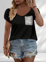 Camiseta Casual Para Mujer Talla Grande 1XL-5XL Con Sequinias Y Manga De Pétalos V-Neck Moda Verano Polyester Regular Fit - details 0