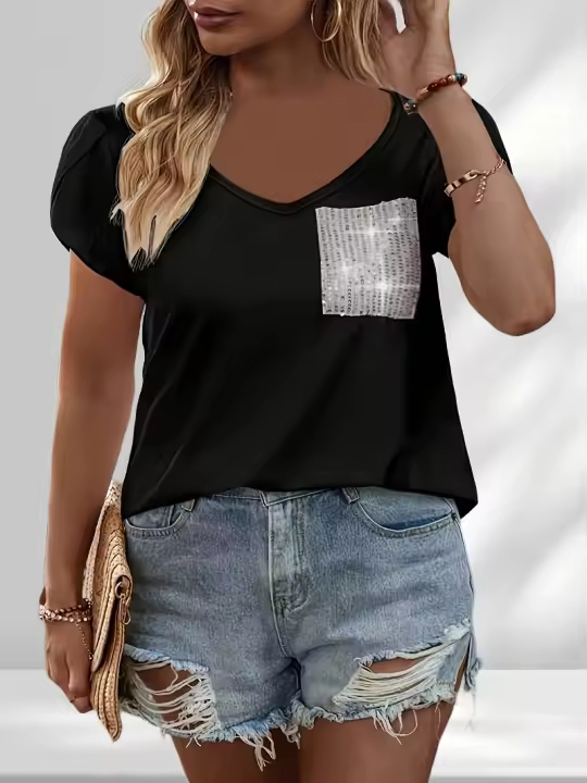 Camiseta Casual Para Mujer Talla Grande 1XL-5XL Con Sequinias Y Manga De Pétalos V-Neck Moda Verano Polyester Regular Fit - 1