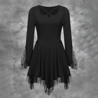 Vestido Mini De Encaje Asimétrico Para Mujer Estilo Gótico Otoño Tallas S-2XL Pullover A-Line Con Cuello Otro Tipo De Patrón Solido - details 5