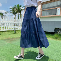 Falda Midi De Seda Suave Para Mujer Azul Jean Con Cintura Elástica Y Volantes Ajustada Casual Vintage Verano Midi Longitud De Pierna - details 0