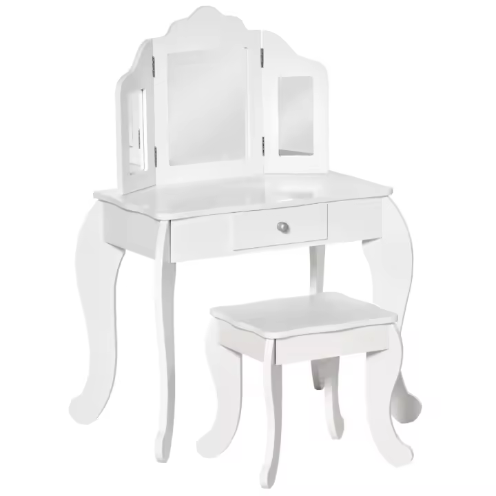 HOMCOM Tocador Infantil de Madera con Taburete y Espejo Acrílico de 3 Sectores Mesa de Maquillaje para Niñas con Cajón para Habitación del Niño 63x40x85,5 cm - 1