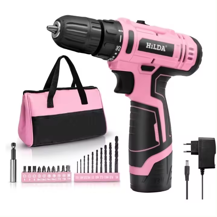 Taladro eléctrico del Li-Ion de las mujeres, taladro Rosado del poder fijo para el equipo de herramienta sin la Cuerda del conductor del taladro de las mujeres 12V - 1