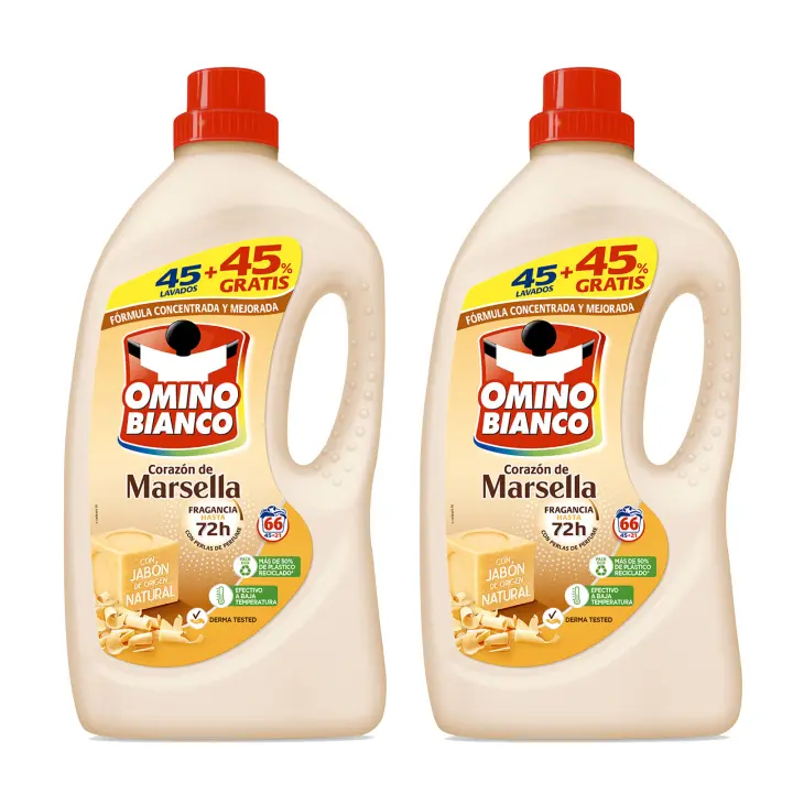 Omino Bianco - Detergente Líquido Jabón Corazón de Marsella, Pack 2 x 2640 ml, 66 Lavados, Limpieza Profunda y Cuidado de Tejidos Delicados, Fragancia Fresca y Duradera - 1