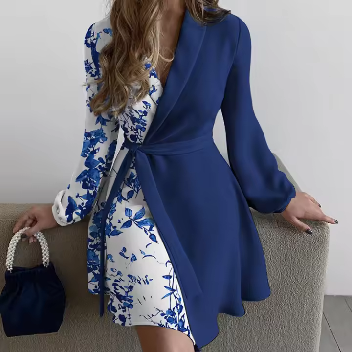 Vestido De Mujer Verano Elegante Con Estampado Largo Cuello V Encaje Casual Vestidos De Cintura Ajustada Moda Europea Y Estadounidense - 1