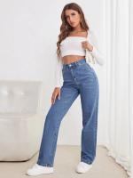 Jeans Para Mujeres Corte Recto Ajustado Y Suave De Alta Cintura Con Botones Y Bolsillos Estilo Casual De Moda Europea Y Americana - details 5