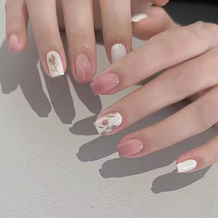 24 PCs Uñas Press on Cortas Francés Con Gradient Y Floral Juego Con Pegamento Gel Y Linterna De Uñas Para Un Look Elegante Y Natural - 1
