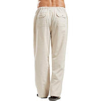 Pantalones Largos De Lino Para Hombre Verano Pantalones Deportivos Casuales Elásticos Ligeros Con Cierre De Cordón Color Sólido - details 4