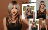 Pelucas Sintéticas De Encaje ALAN EATON Para Mujeres Rubia Con Mechas Marrón Y Corte Con Franja Peluca Larga Recta Ombre Heat Resistant - details 0