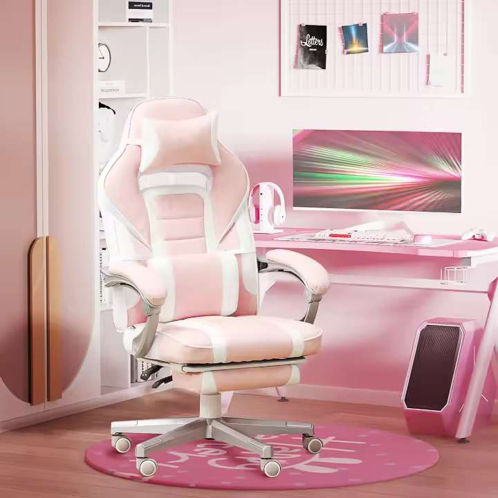 HOMCOM Silla Gaming Silla Gamer Reclinable con Altura Ajustable Reposapiés Retráctil Soporte Lumbar y Reposacabezas Desmontable Silla para Oficina Estudio Rosa - 1