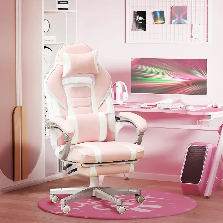 HOMCOM Silla Gaming Silla Gamer Reclinable con Altura Ajustable Reposapiés Retráctil Soporte Lumbar y Reposacabezas Desmontable Silla para Oficina Estudio Rosa - 1