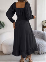 Vestido Largo Elegante De Verano Con Cuello Cuadrado Y Mangas Largas Para Damas De Honor Vestido De Mujer Con Borde Volante Y Cintura Alta - details 1