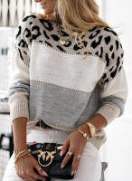 Suéter casual with Cuello Redondo y estampado de Leopardo en bloques de Colores, suéter de DOT Nuevo para mujer de otoño E Invierno, Jersey de Mujer, Camisa with part inferior de manga Largo (GRIs) - details 6