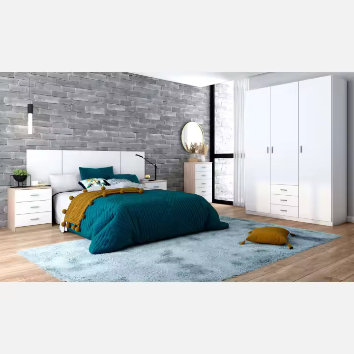 Conjunto Habitación Dormitorio Principal Completo Color Blanco Mate y Roble Sahara - 1