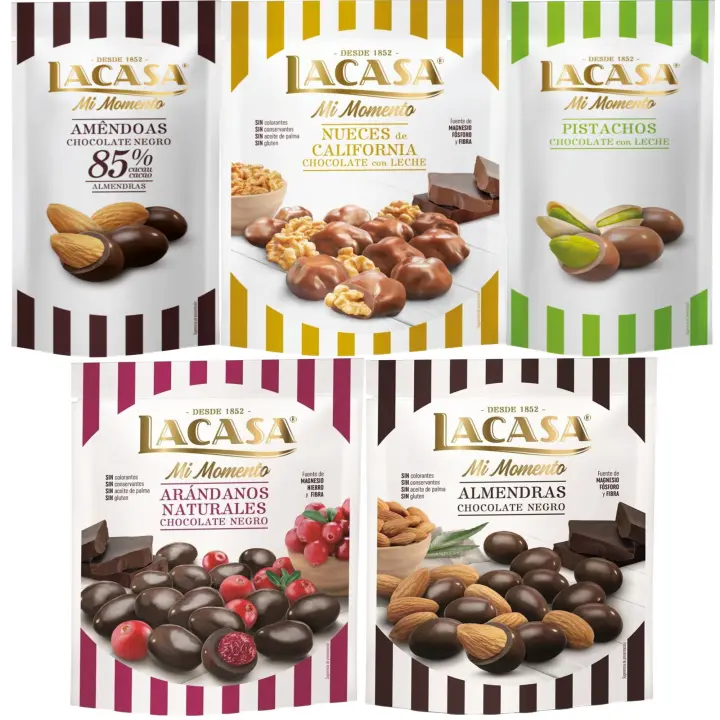 Lacasa Mi Momento pack de 5:Pistacho  Leche 50 G,Almendra 85% 65 G,Arándano  Negro 125 G,Nueces  Leche 115 G,Almendra  Negro 125 G - 1