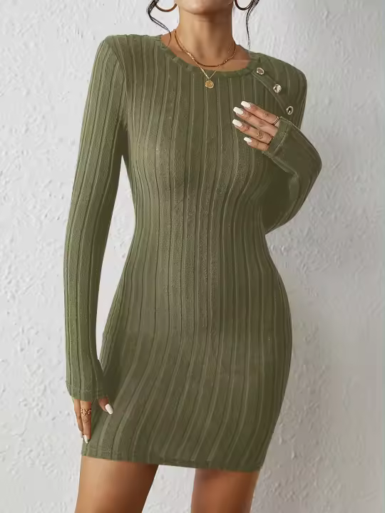 Vestido De Punto De Manga Larga Con Cierres En Los Hombros Y Cuello Redondo De Color Sólido Para Mujer Estilo Casual De Temporada Otoño/ Invierno - 1