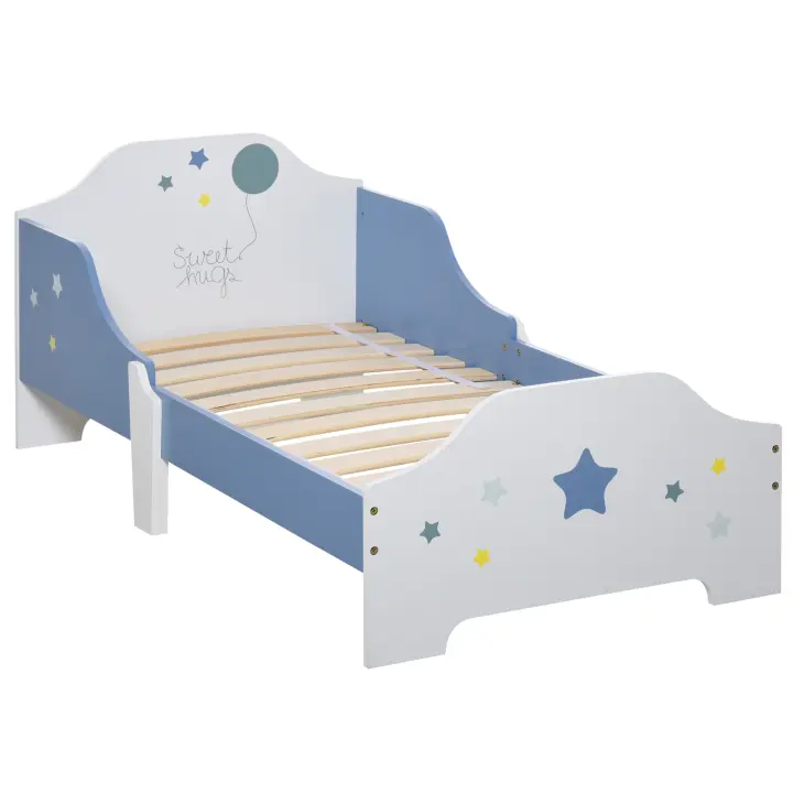 HOMCOM Cama para Niños de +3 Años 143x74x59 cm Cama Infantil de Madera con Estampado con Estrellas Carga 50 kg para Dormitorio Azul y Blanco - 1