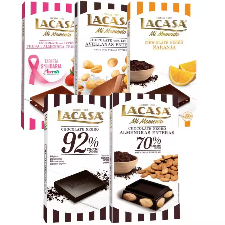 Lacasa pack 5 tabletas de chocolate:leche avellanas , naranja chocolate negro , leche fresa y almendra ,cacao 92% , almendra 200g - 1