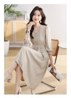 EVNISI Vestido Elegante Para Mujer En Caqui Con Cuello V Y Botones Slim Para Oficina Manga Larga A-line Casual Para Fiesta - details 7