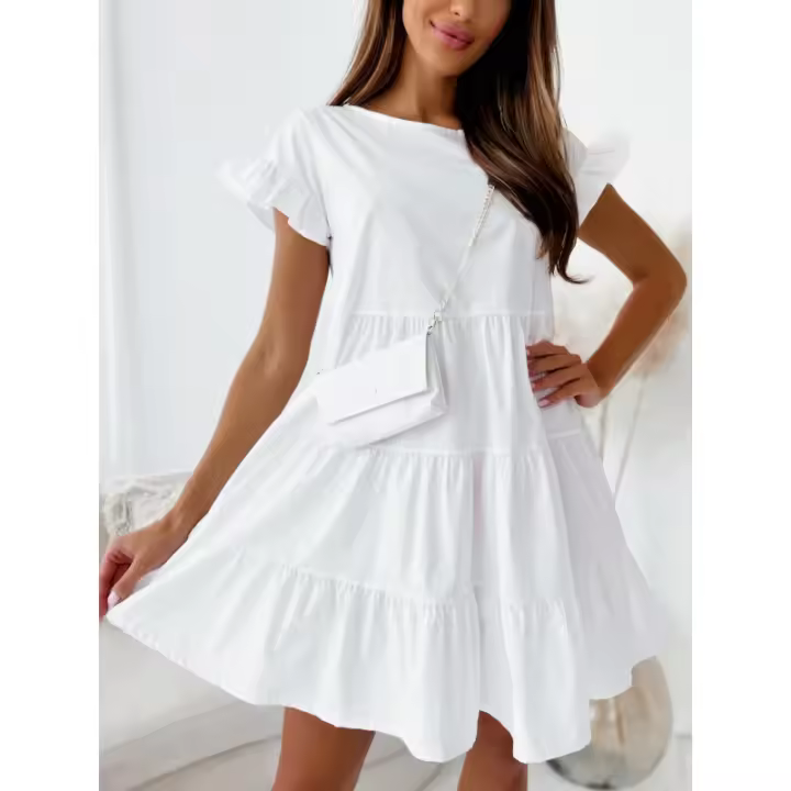 Vestido Corto De Verano Para Mujer Estilo Casual Con Mangas Flare Y Cuello Redondo Color Sólido Vestido De Fiesta De Vacaciones Largo De Rodilla Ajuste Suave - 1