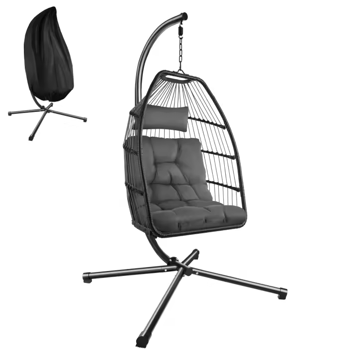 Tectake - Silla colgante ARIANE con estructura y cojín 160 kg  Muy cómoda y estable  Silla plegable y giratoria  Cojín del asiento extra grueso y extraíble  Cómodo reposacabezas que se ata a la estructura  Estructura de acero - 1