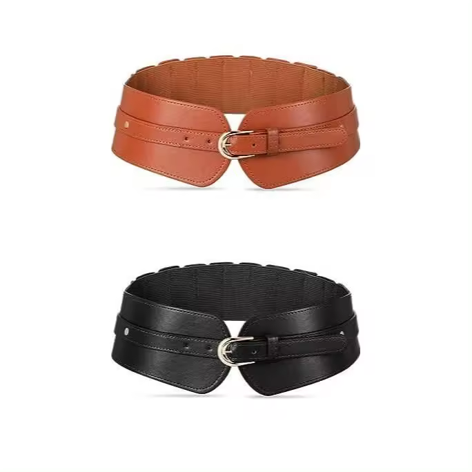 Set 2 Cinturones Anchos Elásticos con Hebilla de Gancho Cinturón de Cintura de Corsé Ajustable para Mujer Vestido Abrigo Camisa, color Marron y Negro - 1