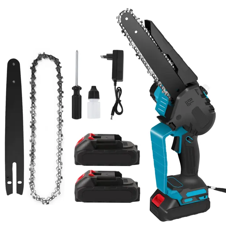Mini motosierra portátil de 8 pulgadas con 2 baterías. RPM 15000. Mini motosierra con dirección ajustable. Ideal para podar jardines, podar ramas, cortar madera y limpiar bosques - 1