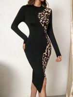 Vestido Slim De Impresión De Leopardo Con Cinturón Y Manga Larga De Cuello Redondo Versátil Y Estilizado Para Mujeres - details 3