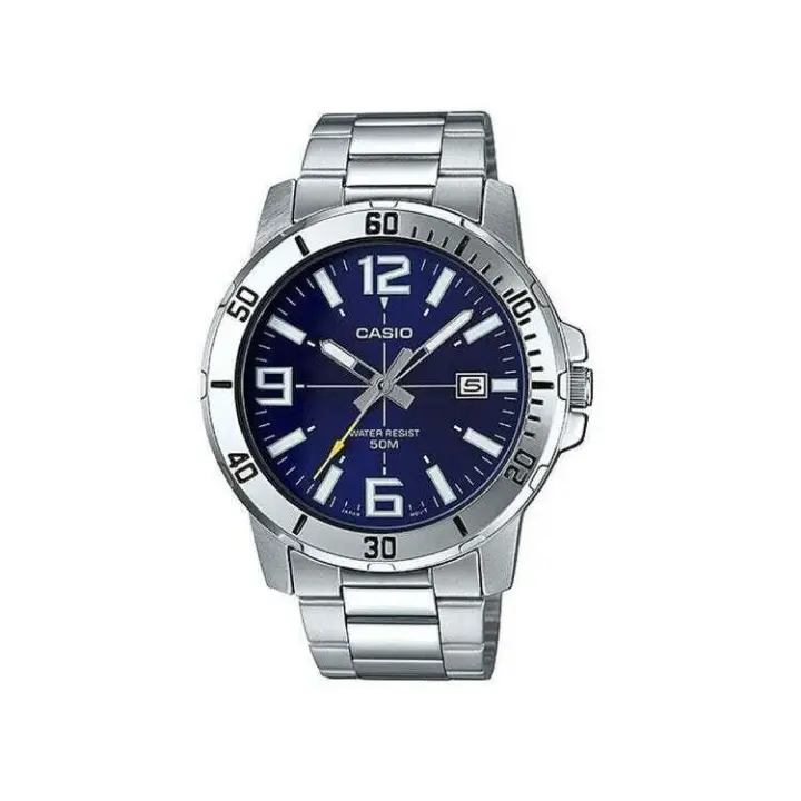 reloj deportivo hombre Casio MTP-VD01D-2B dial azul 45mm correa de acero hebilla triple pliegue resistencia al agua 50m - 1