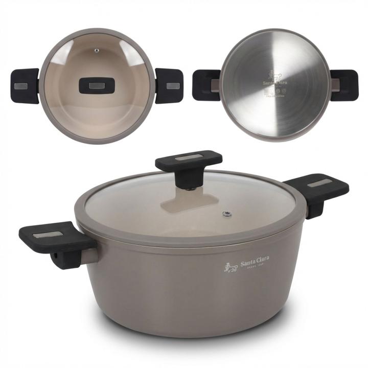SANTA CLARA | Cacerolas y Cazo 16, 20 y 24 cm Nordkitch aluminio forjado 3,2 mm antiadherentes full induction con tapa vidrio templado y asas baquelita soft touch, aptos inducción, gas, vitro y eléctrica