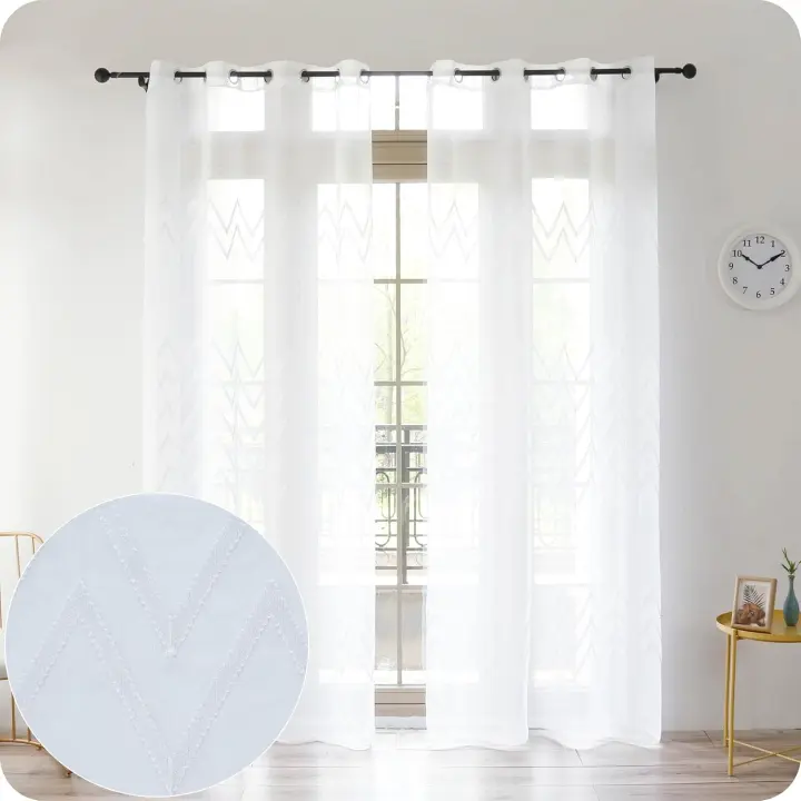 Shoppe house - Cortina Translúcida para Salón Dormitorio con Bordado - Visillo con Bordado Transparente para Salon con Ojales 140x260cm Rayas onduladas - 1