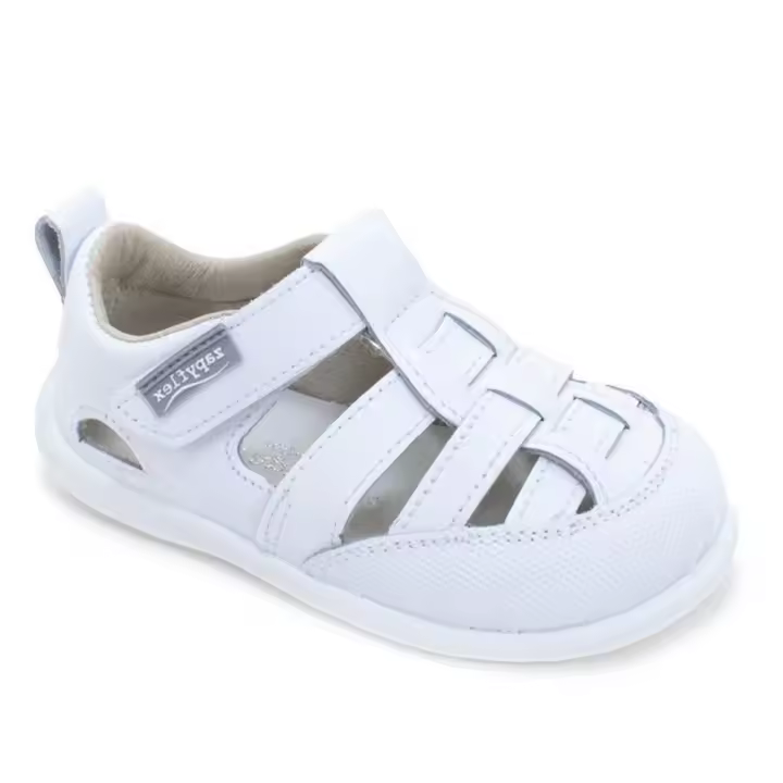 Sandalias niño barefoot de la marca Zapy color blanc0 cangrejeras Zapyflex de piel calzado respetuoso unisex fabricado en España con cierre de tira adherente y puntera reforzada muy comodas y flexibles - 1