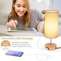 Lámpara de mesa de luz nocturna regulable, puerto USB, control táctil, tela de lino, pantalla E27, lámpara de noche decorativa de madera, lámpara de lectura decorativa - details 3