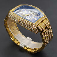 Reloj De Lujo Para Hombre Con Cristales Iced-Out Tonneau Dorado Reloj De Cuarzo Con Pulsera De Acero Inoxidable Moda Diamante Analog Clock - details 15